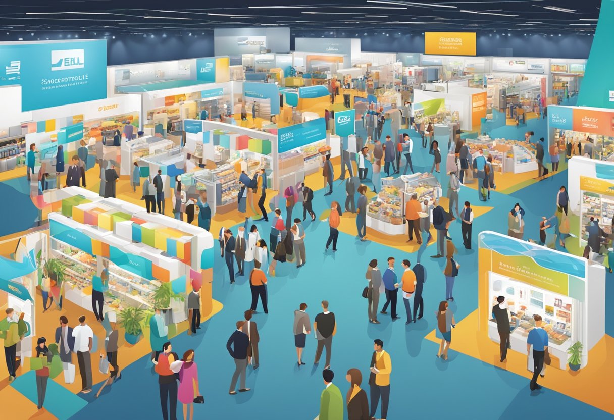 A bustling trade show with colorful banners and eager buyers browsing booths filled with products. Sales reps engage in lively conversations, exchanging business cards and brochures